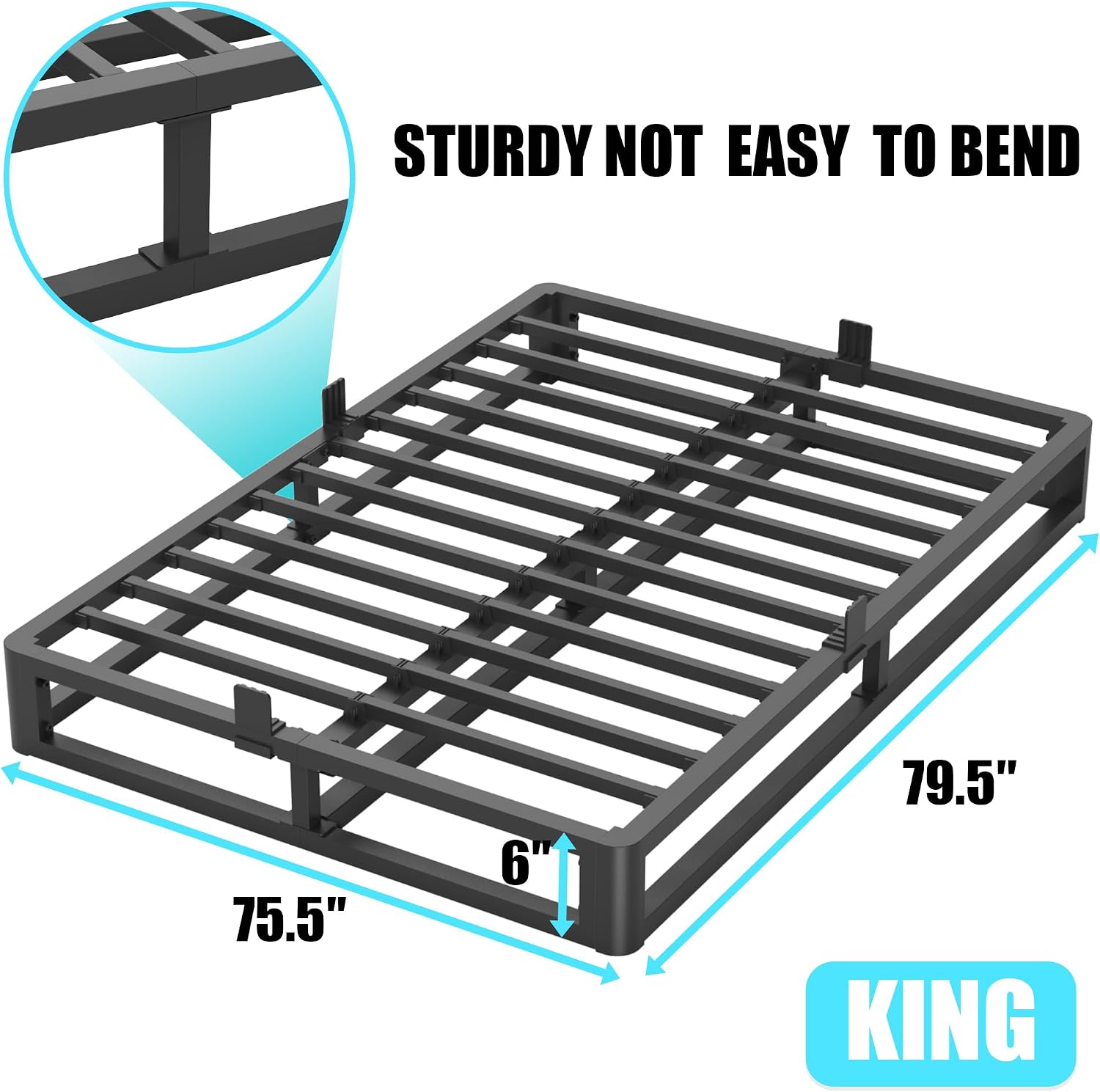 Firpeesy 6 Inch King Bed Frame with Round Corner, Heavy Duty 3500 LBS Steel Slats Support with Mattress Slide Stopper, No Box Spring Needed, Noise Free, Easy Assembly