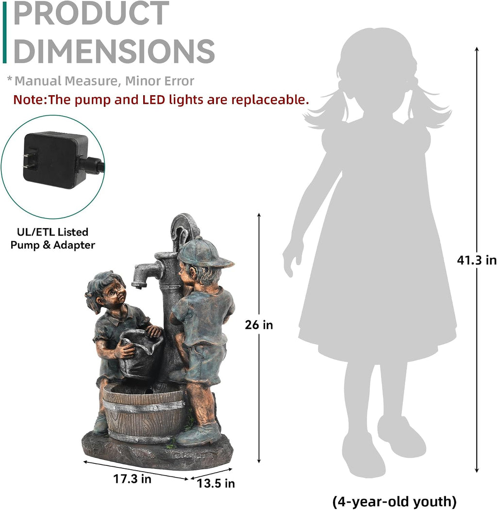 26' Outdoor Fountain, 3-Tier Boy-Girl Playing with Faucet Water Feature with LED Lights, Antique Resin Soothing Cascading Waterfall for Patio, Backyard, Garden or Porch