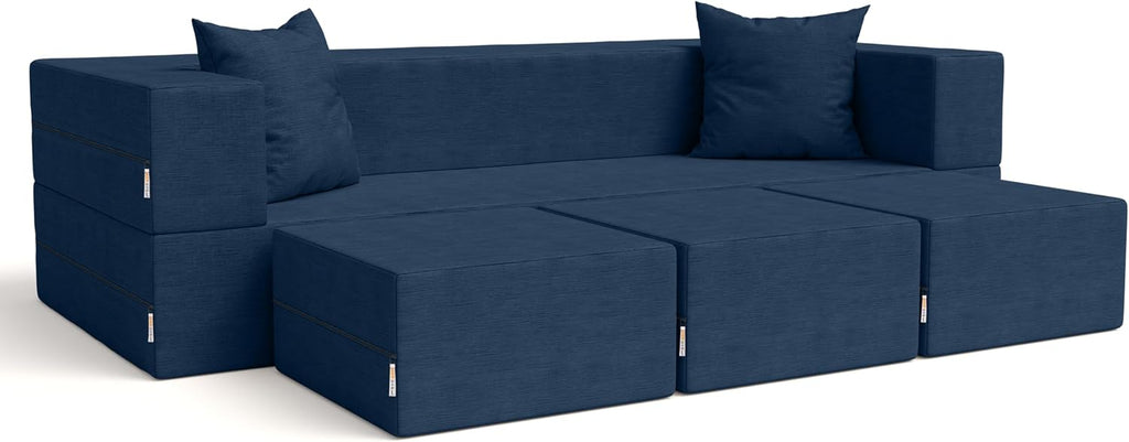 Jaxx Zipline Convertible Sleeper Sofa & Three Ottomans/California King-Size Bed, Textured Microvelvet - Indigo