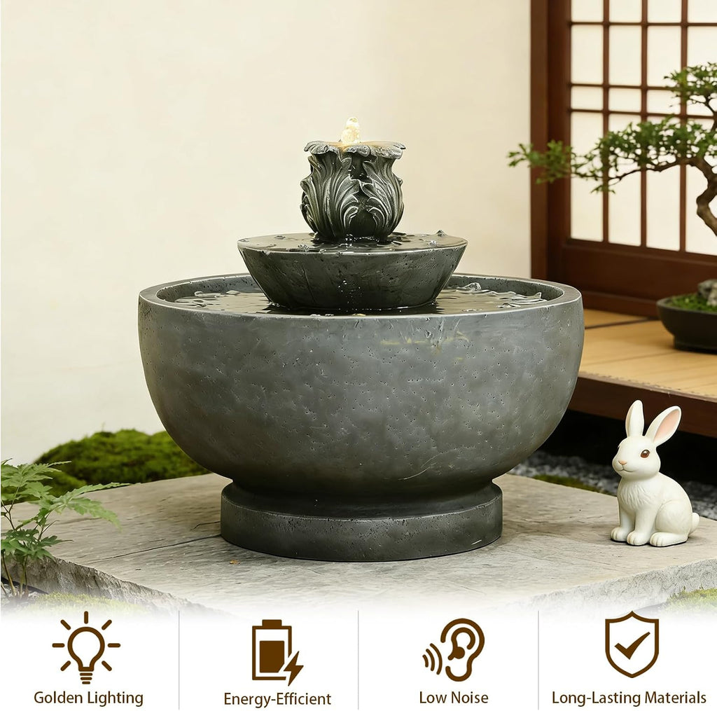 Sunlinua Small Modern Outdoor Water Fountain with Led Lights 3-Tiers Cascading Waterfall Feature with Quiet Pump Floor Water Fountain for Patio Garden Backyard Decking Home and Indoor Décor Gray