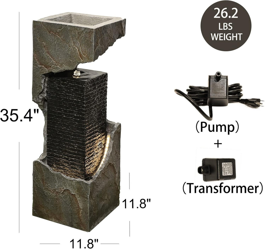 Water Fountain Outdoor Garden 35.4' H Modern Outdoor Fountains and Waterfalls with Lights Flooring Standing Indoor Water Fountains for Garden, Patio, Deck, Backyard, Porch and Home Art Decor