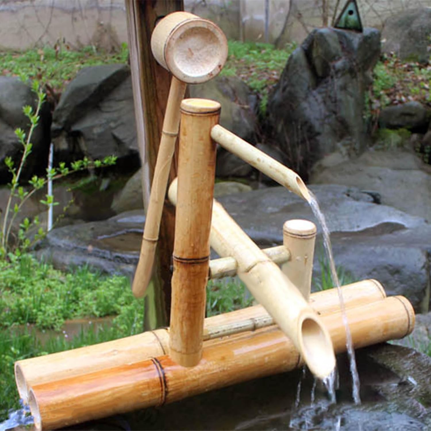 Japanese Bamboo Water Fountain Kit, Zen Garden Waterfeature with Pump and Water Spoon, Split-Resistant Bamboo, Indoor Outdoor Zen Garden Water Features