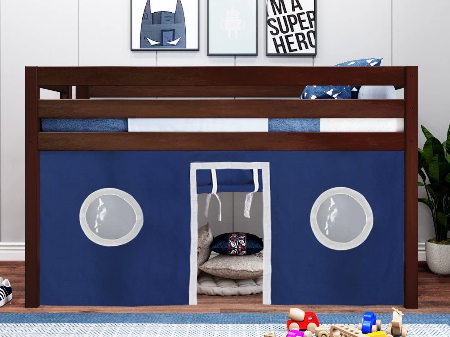 Jackpot! Contemporary Low Loft Twin Bed with End Ladder, Cherry with Blue & White Tent
