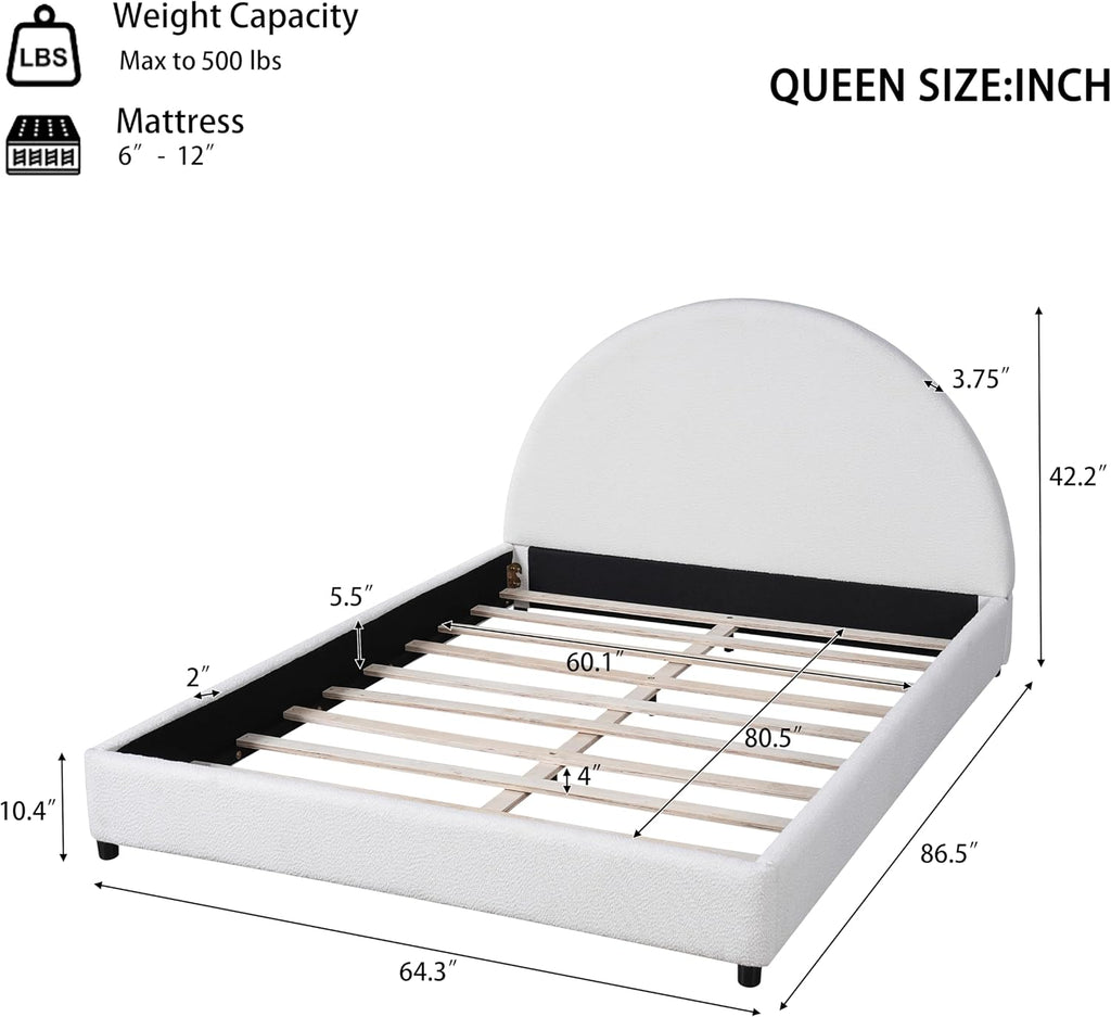 JIVOIT Modern Queen Size Bed Frame with Curved Round Headboard, Boucle Upholstered Platform Bed Frame with Sturdy Support Slats, No Box Spring Needed
