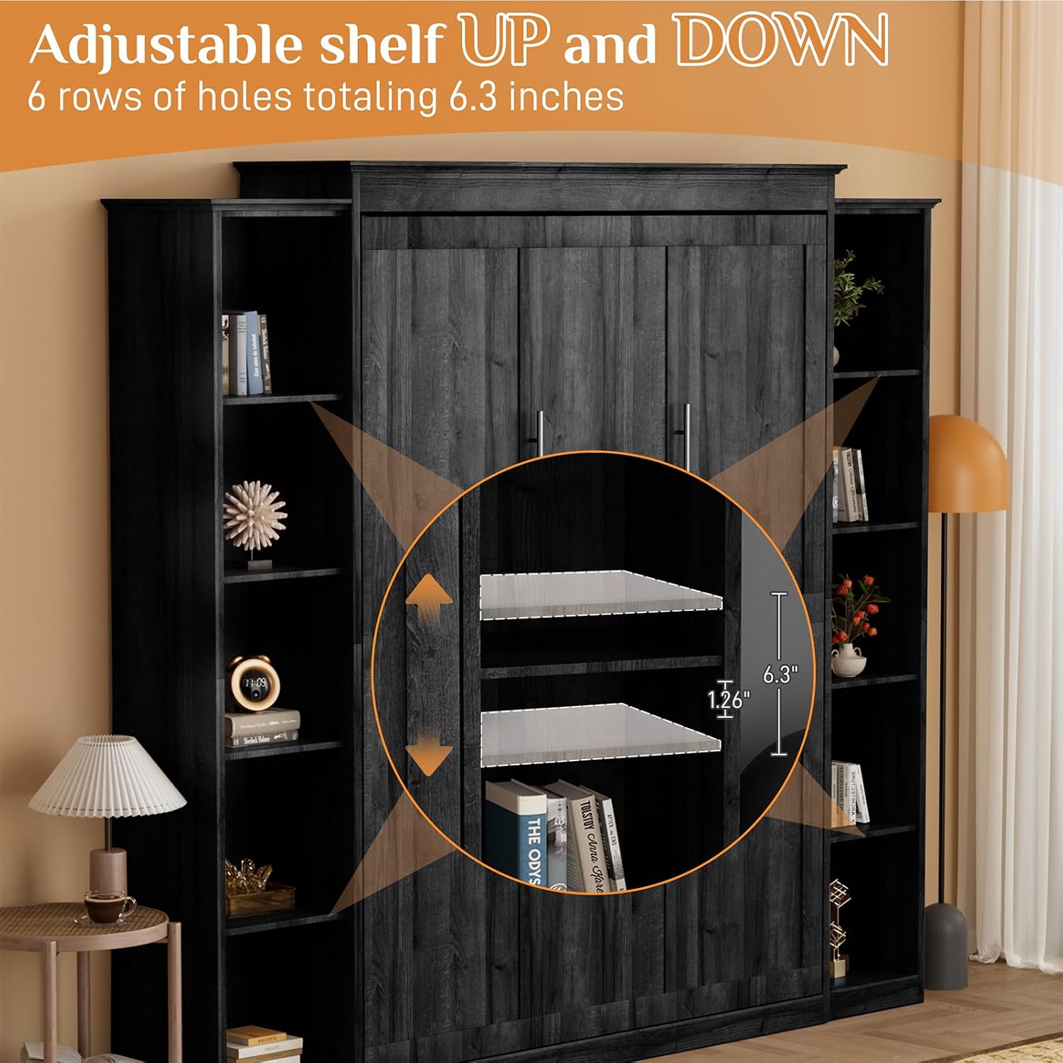 Rophefx Queen Murphy Bed Cabinet with 5-Tier Adjustable Storage Shelves, Wood Queen Wall Bed Cabinet Bed Frame, Space Saving Beds, Hidden Bedframe, Foldable Platform Beds for Guest Room, Black Gray