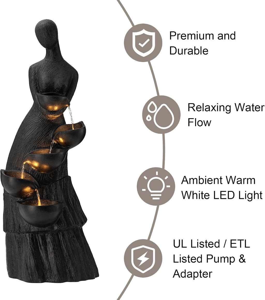 Glitzhome 39.75' H Modern Abstract Women Sculpture Outdoor Water Fountain, 5 Tier Woman Statue Waterfall Fountain with LED Lights and Pump for Porch Deck Garden Patio Backyard