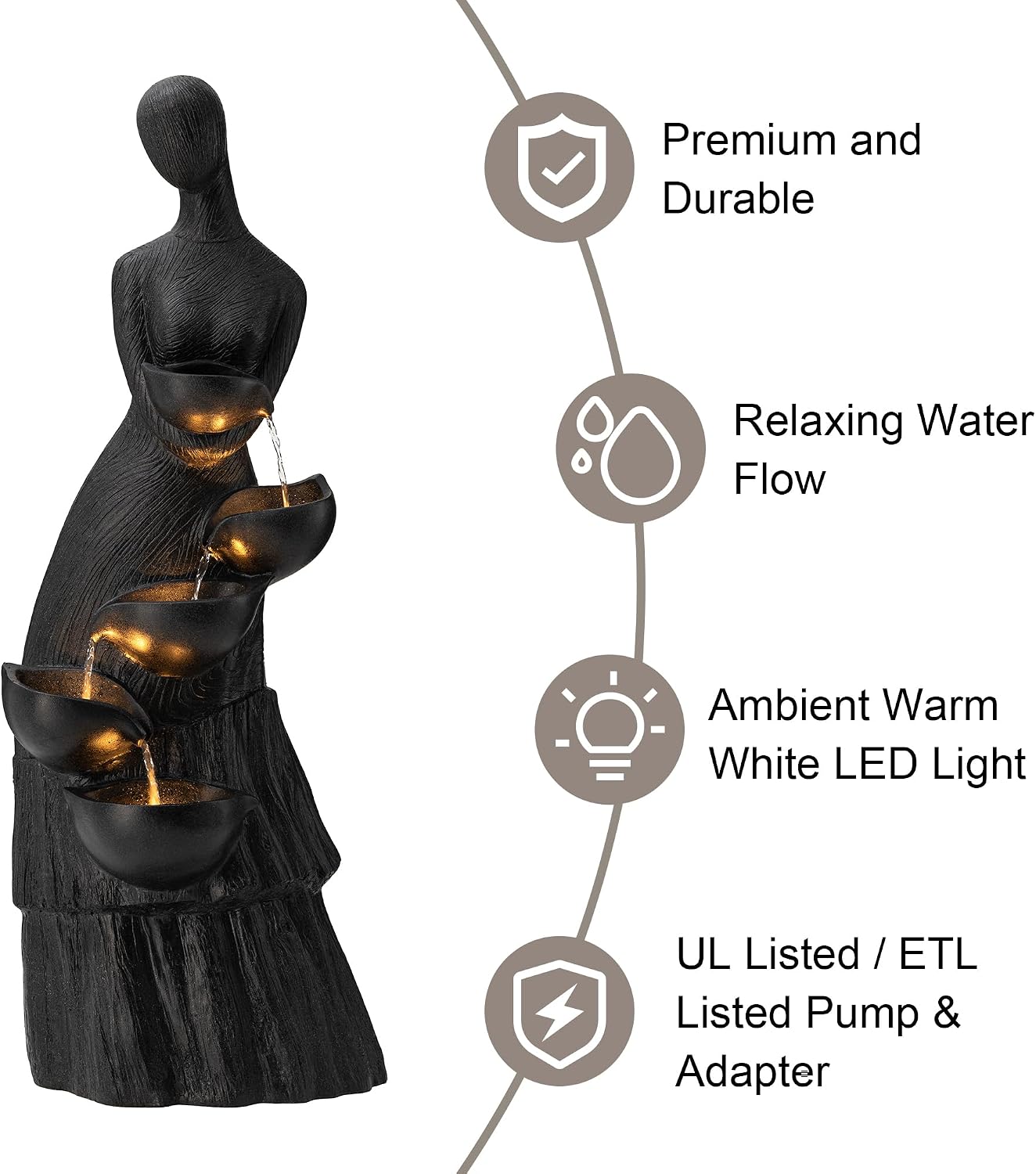 Glitzhome 39.75' H Modern Abstract Women Sculpture Outdoor Water Fountain, 5 Tier Woman Statue Waterfall Fountain with LED Lights and Pump for Porch Deck Garden Patio Backyard