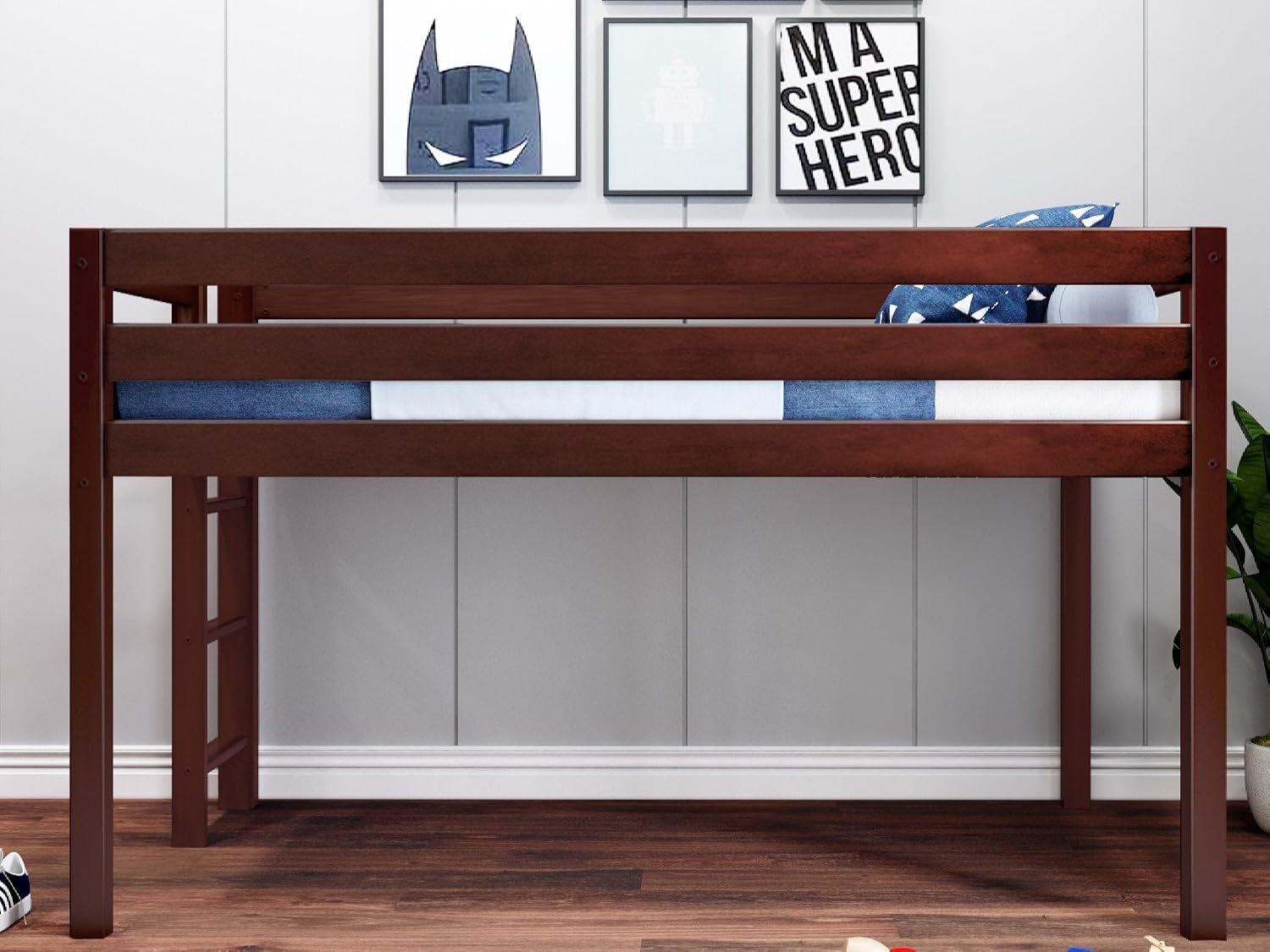 Jackpot! Contemporary Low Loft Twin Bed with End Ladder, Cherry