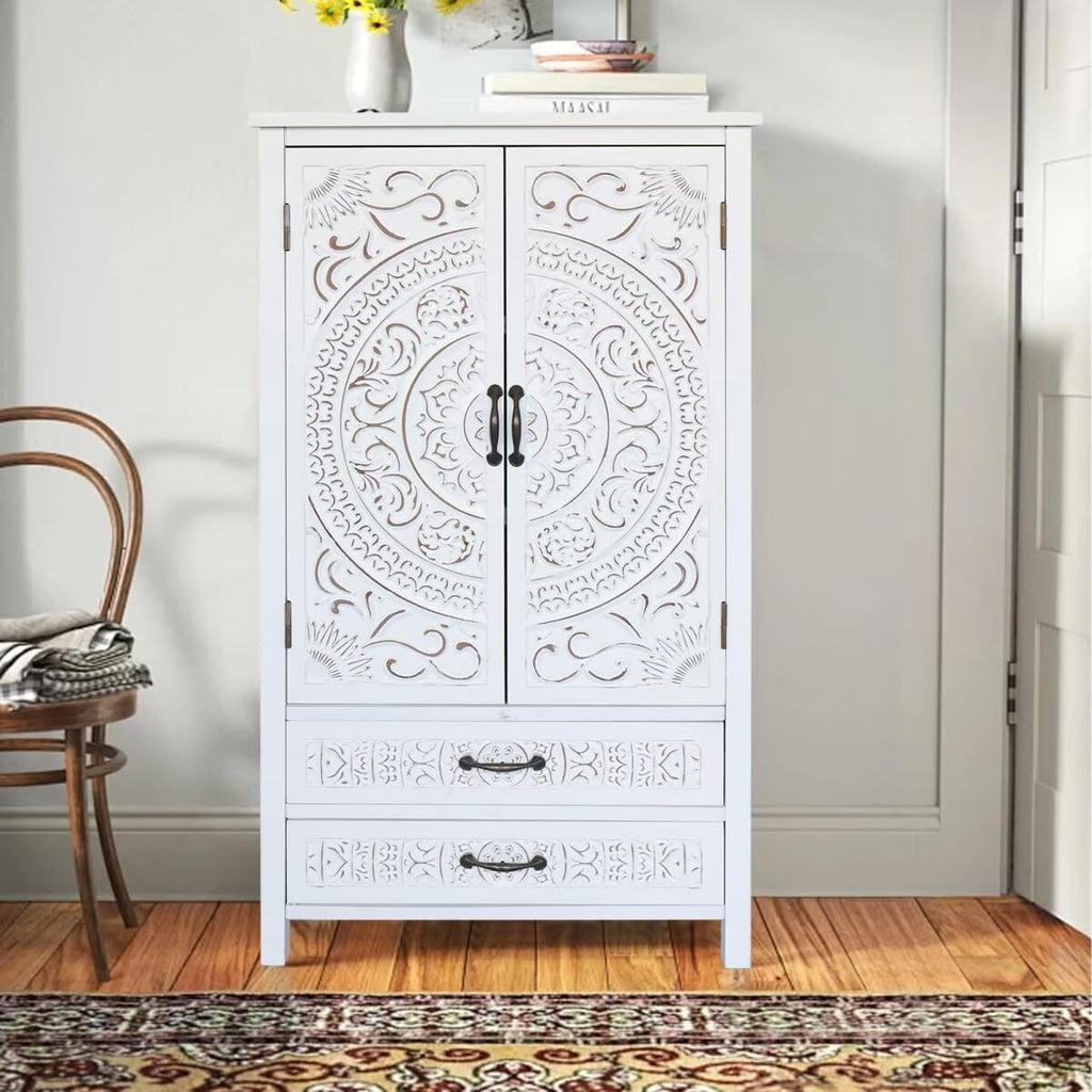 JIJIWANG 27'' Accent Tall Tower White Storage Cabinet - Rustic Wood Sideboard Pantry Cabinet with Storage for Home Decor and Organization Chic Cabinets with Two Doors and Two Drawers