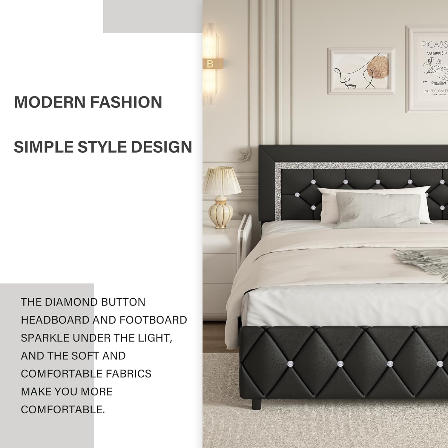 BarnFurin King Size Bed Frame and Headboard, Faux Leather Upholstered Bed with Diamond Tufted Design, Modern Platform Bed Frame with Wooden Slats Support, No Box Spring Required, Easy Assembly, Black