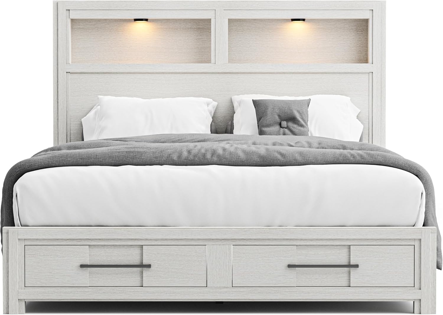 Furniture of America Echo Solid Wood 5-Piece Bedroom Set, Queen Size Platform Bed with Drawers and LED Lighting, Felt-Lined Top Storage, No Box Spring Required, White