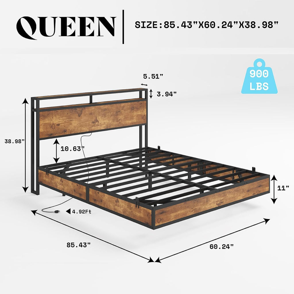 AMERLIFE Queen Size Floating Bed Frame with 2-Tier Storage Headboard, Metal Bed Frame with Charging Station & LED Lights, No Box Spring Needed, Rustic Brown