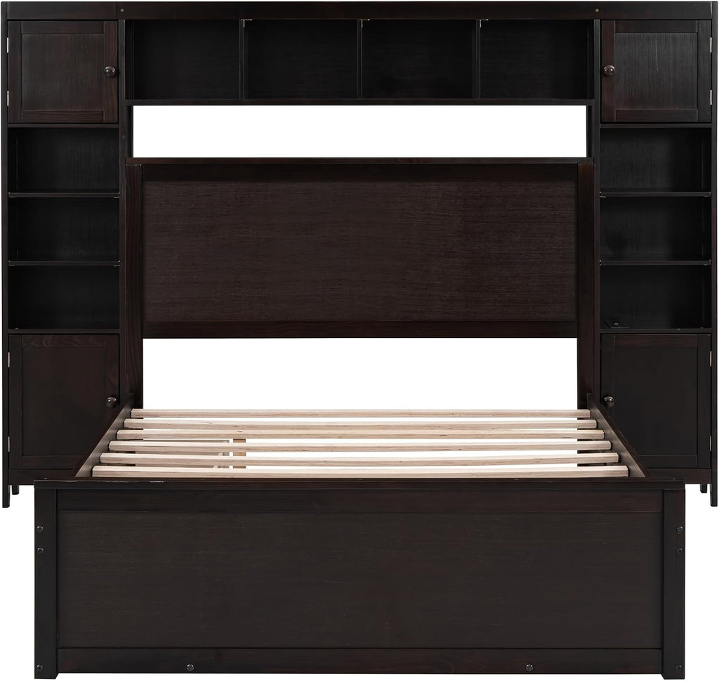 Harper & Bright Designs Full Platform Bed with All-in-One Cabinet, Shelf and Sockets Wood Full Size Beds with Trundle & 2 Drawers, Full Bed Frame for Bed Room, No Box Spring Needed,Espresso