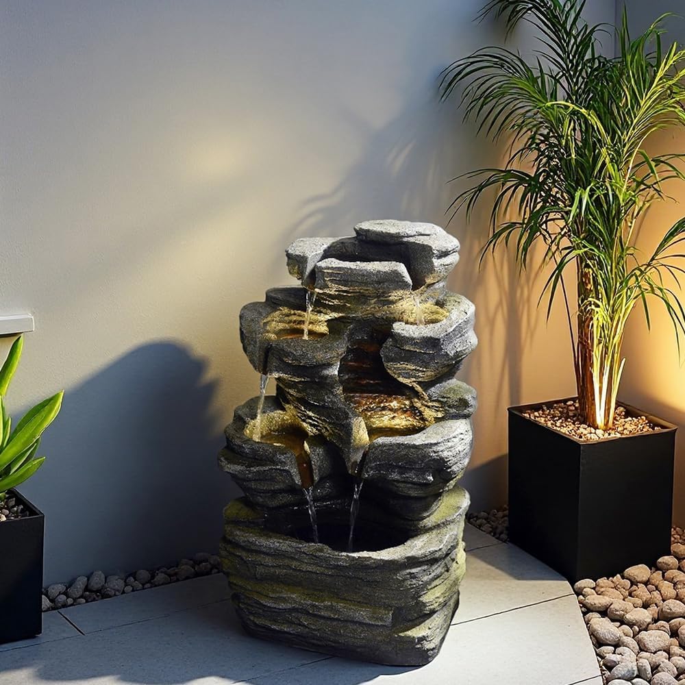 Bumilgar 6-Tier Cascading Rock Water Fountain Outdoor Garden Waterfall Decor for Garden, Patio, Backyard, Deck, Porch and Home Art Decor,24.4' H Outdoor Fountain with Lights