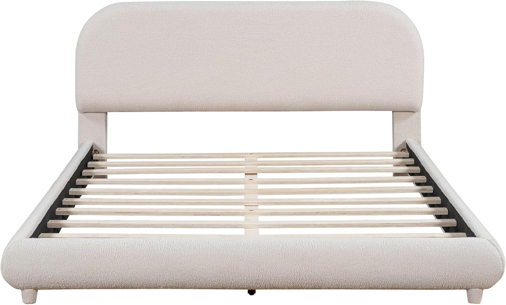 KLMM Teddy Fleece Queen Size Upholstered Platform Bed with Thick Fabric, Solid Frame and Stylish Curve-Shaped Design,for Kids Teens Adults Bedroom (Beige@Teddy Fleece, Queen)