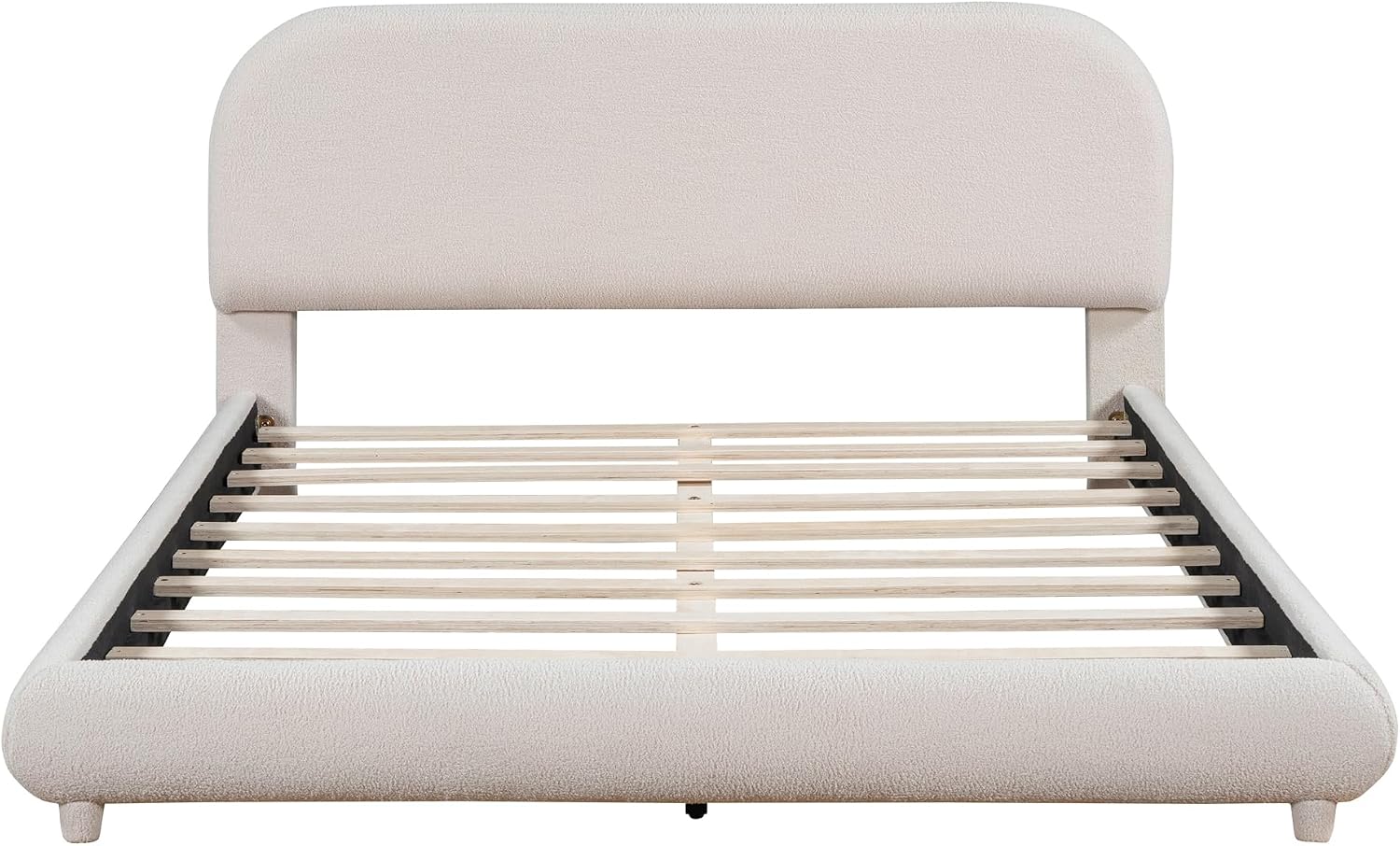 KLMM Teddy Fleece Queen Size Upholstered Platform Bed with Thick Fabric, Solid Frame and Stylish Curve-Shaped Design,for Kids Teens Adults Bedroom (Beige@Teddy Fleece, Queen)