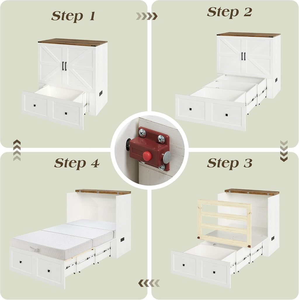 LUXOAK Twin Murphy Bed with 6' Tri-Fold Memory Foam Mattress, Storage Drawer & Charging Station, Space-Saving Design for Home Office or Guest Room, White