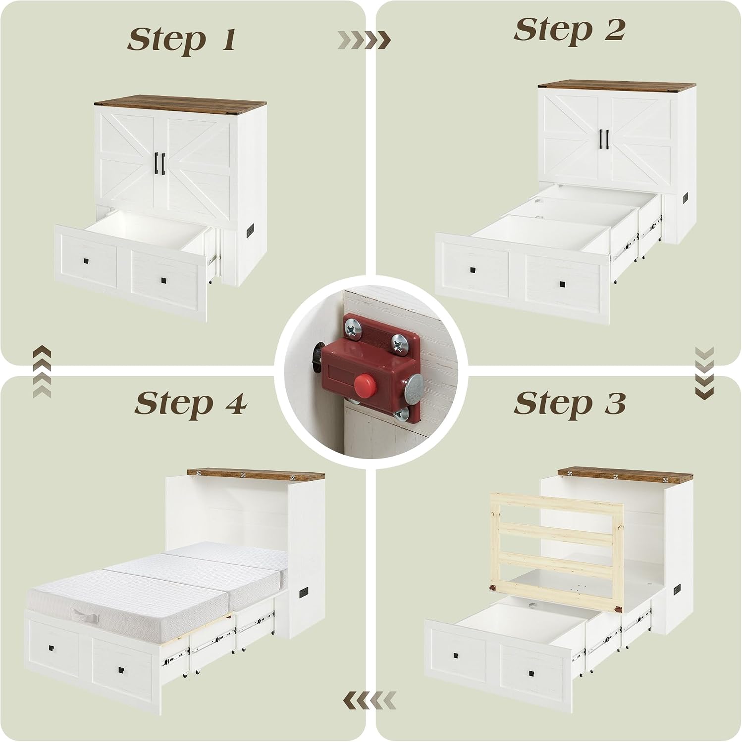 LUXOAK Twin Murphy Bed with 6' Tri-Fold Memory Foam Mattress, Storage Drawer & Charging Station, Space-Saving Design for Home Office or Guest Room, White