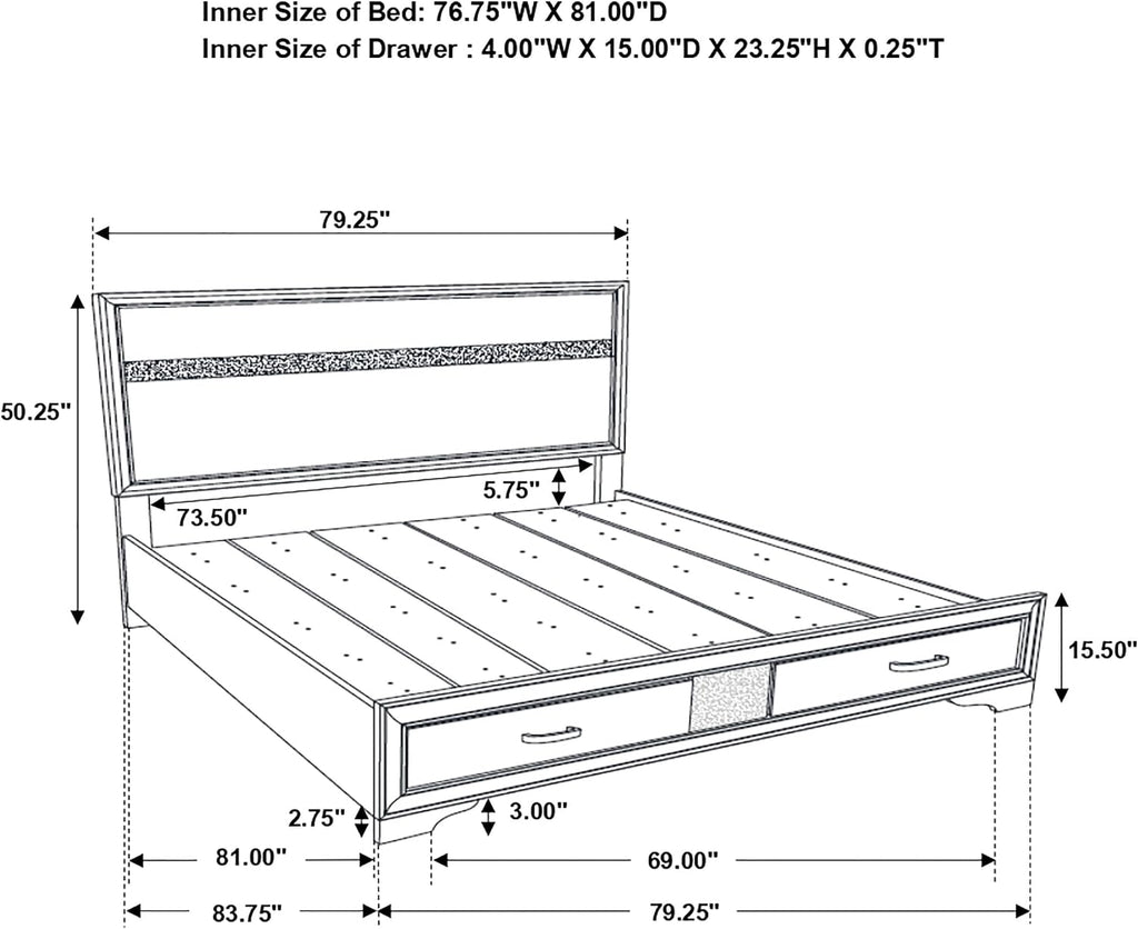 BOWERY HILL King Storage Panel Bed, 50.25' H x 79.25' W x 83.75' D, Asian Hardwood and Particle Board, White and Rhinestone Finish, 2 Drawers, Contemporary Style, Box Spring Required