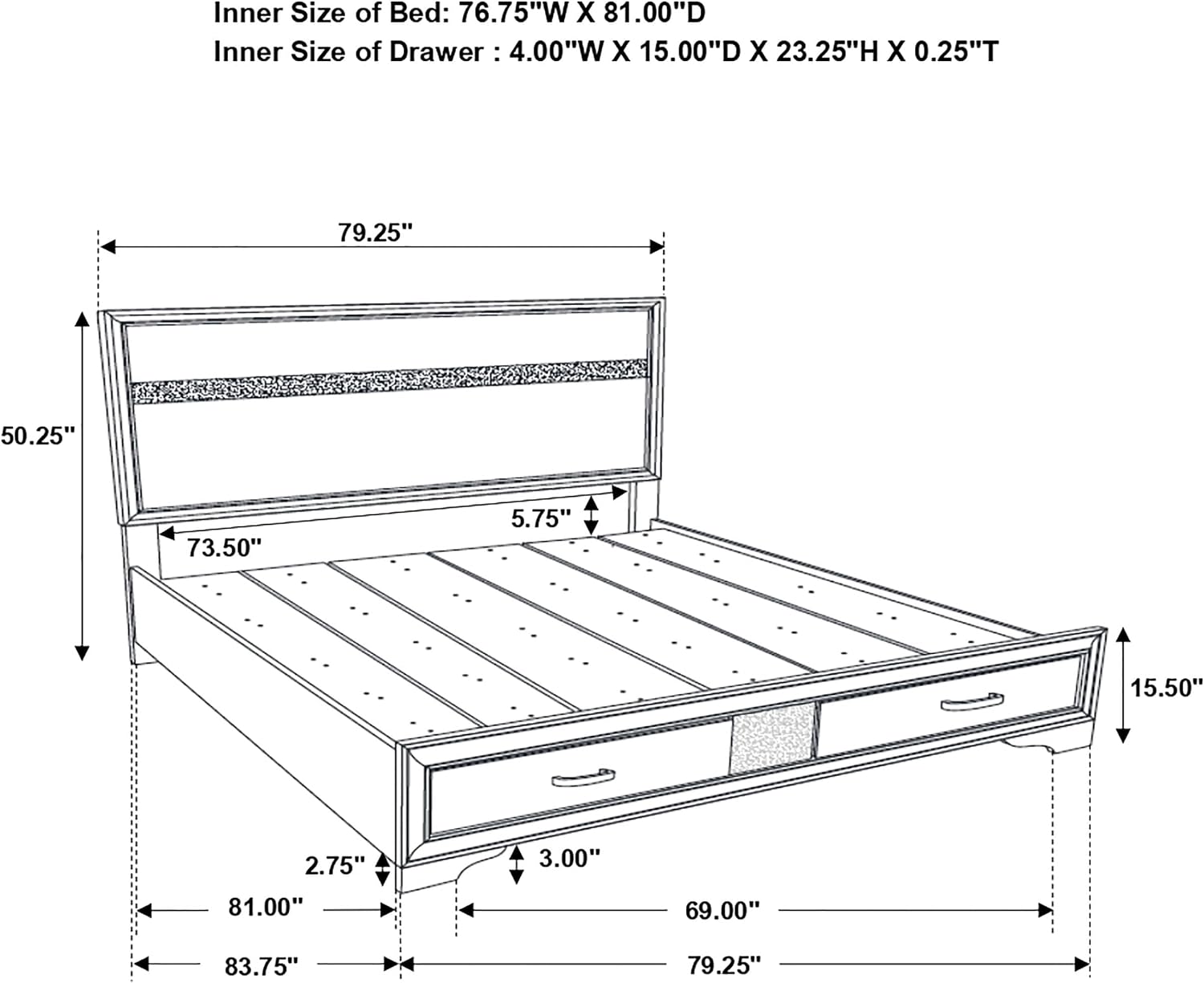 BOWERY HILL King Storage Panel Bed, 50.25' H x 79.25' W x 83.75' D, Asian Hardwood and Particle Board, White and Rhinestone Finish, 2 Drawers, Contemporary Style, Box Spring Required