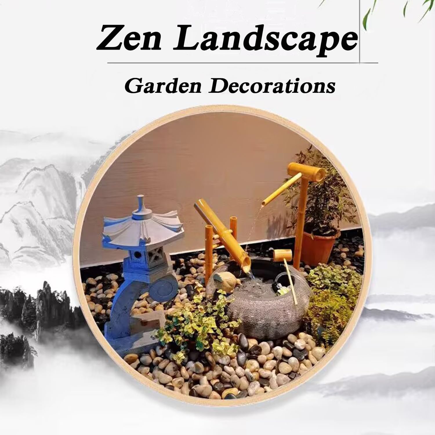 Indoor Outdoor Bamboo Fountain, Bamboo Traditional Japanese Rocking Water Fountain, Zen Garden Decor with Water Pump, 6W Solar Panel, 2M Tube, for Garden Terrace Pond