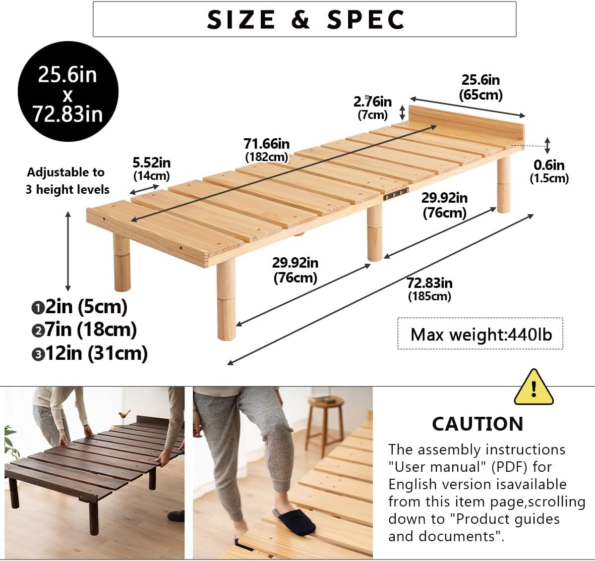 EMOOR Wood Slatted Floor Bed Frame OSMOS Daybed (26x73in) for Japanese Futon Mattress Solid Pine (Gray), Height Adjustable (2/7/12in) Tatami Mat