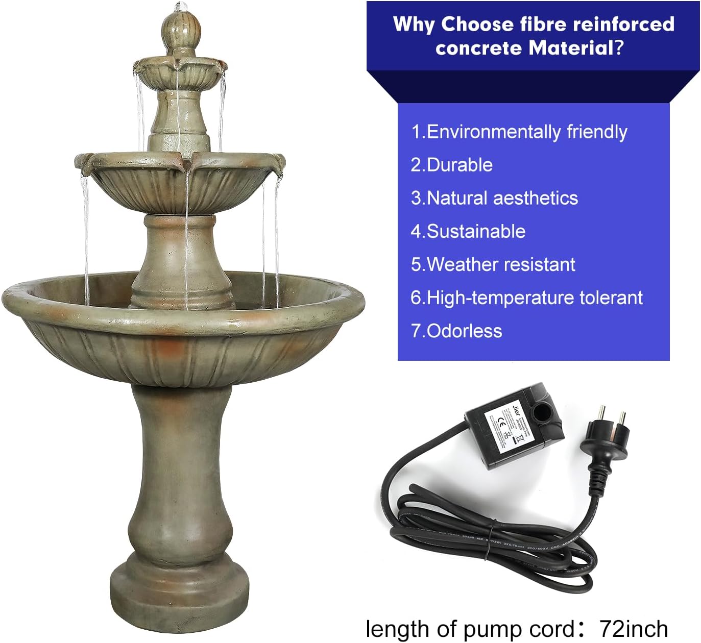51.5' H Freestanding Outdoor Water Fountain – Stone-Look Weather-Resistant Easy Setup Classic 3-Tier Garden Feature with Electric Pump for Patios, Yards & Courtyards