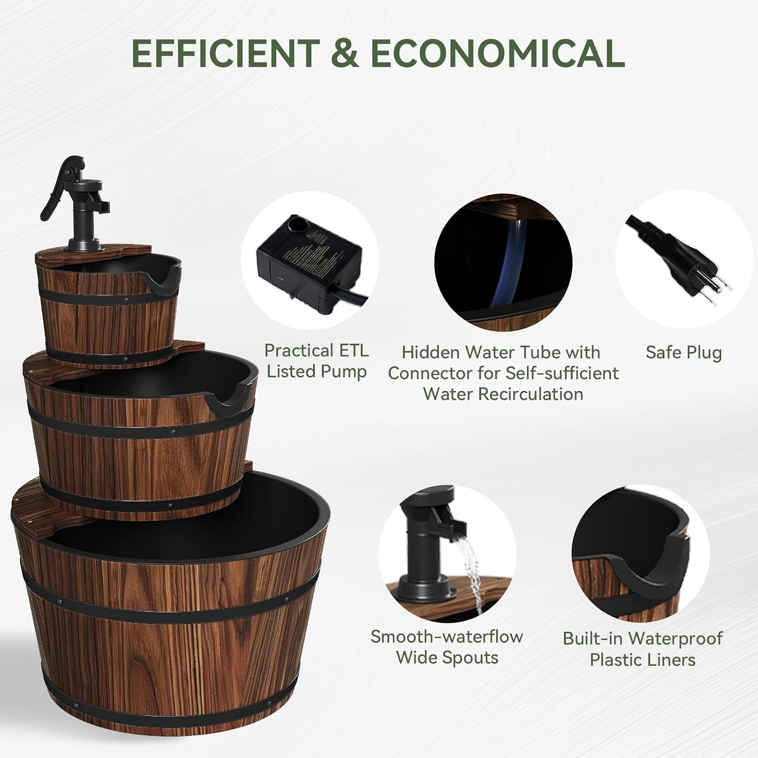 Aoxun 3-Tier Outdoor Water Fountain, Wood Barrel Cascading with Electric Decorative Hand Pump, Rustic Waterfall Fountain for Garden, Backyard, Patio, Porch, Yard