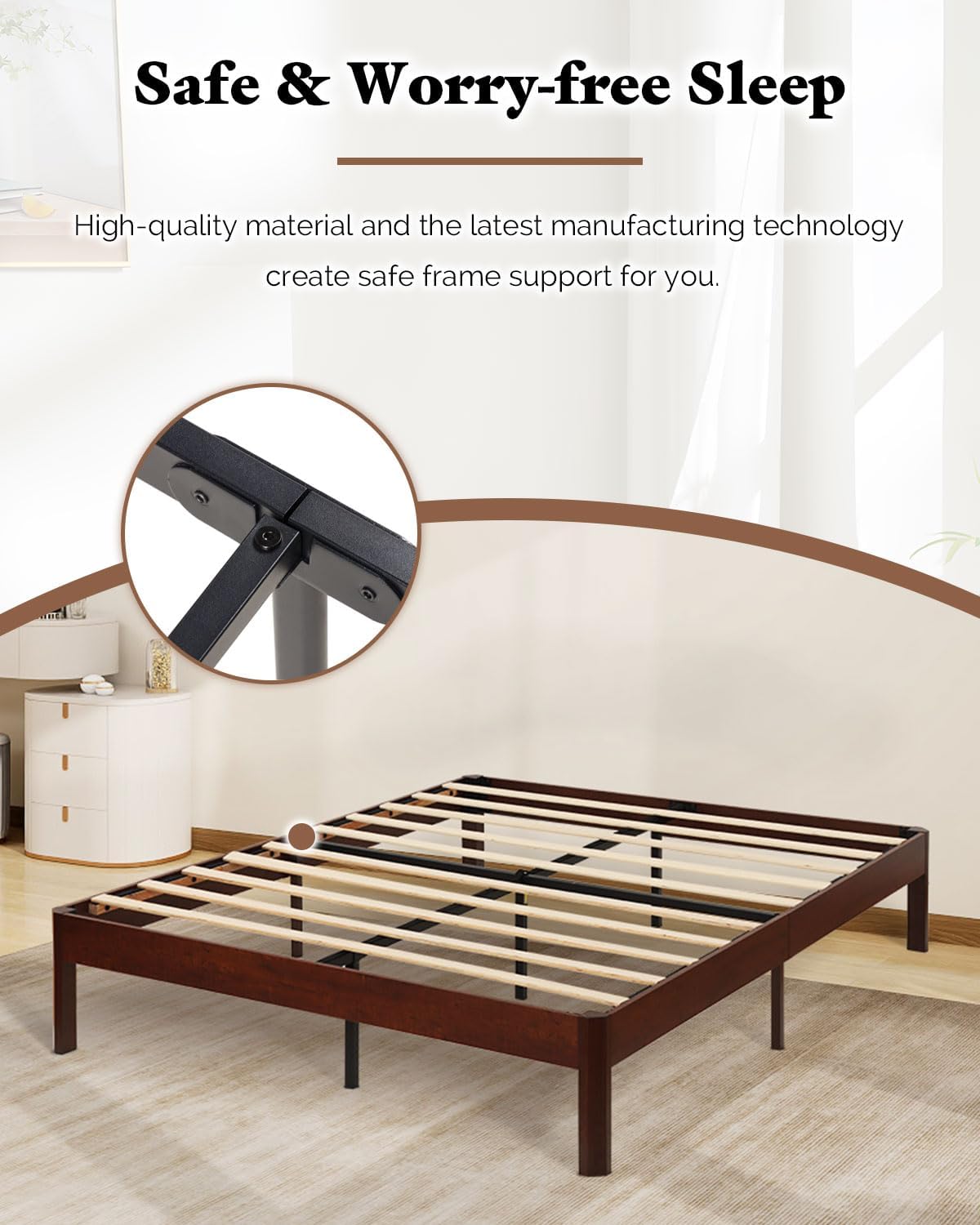14 inch Sturdy Heavy Duty Wood Bed Frames with Wooden Slats, Queen Size Platform Bed Frame, Natural Classic Design, Easy Set Up, Storage Space Under-Bed, No Box Spring Needed (Queen)