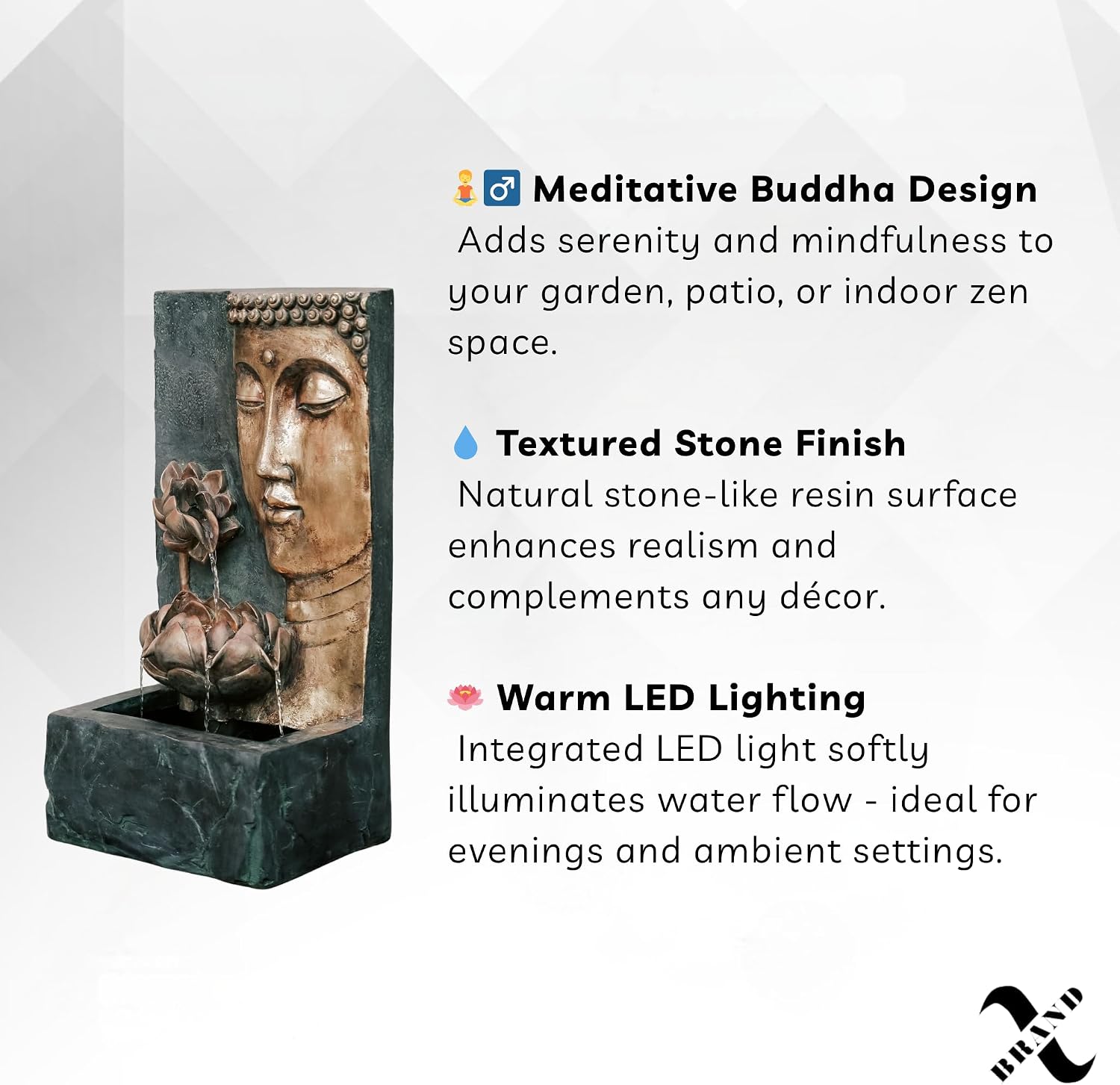 XBrand 30' Indoor/Outdoor Buddha Face Water Fountain with LED Light and Pump Zen Decor for Home, Office, Garden, and Patio
