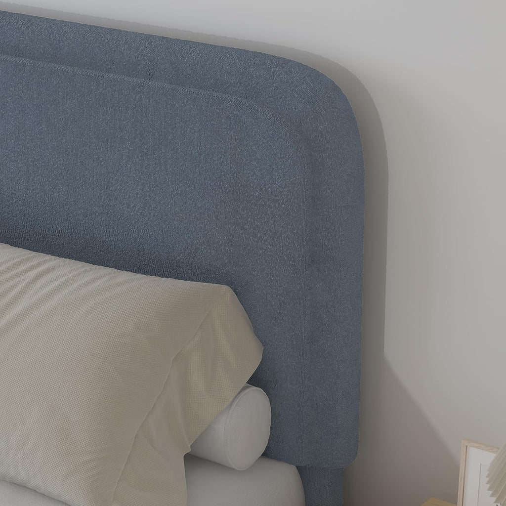 BarnFurin Queen Bed Frame with Headboard, Boucle Upholstered Platform Bed Frame, Luxurious Soft Rounded Corners, No Box Spring Required, Non-Slip and Noise-Free, Easy Assembly, Blue