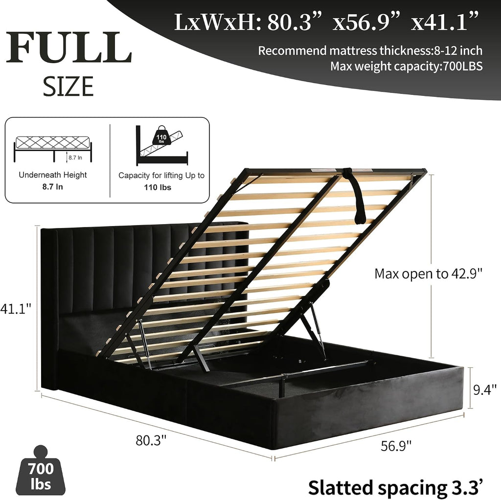 YUHUASHI Queen Size Hydraulic Storage Bed, Upholstered Platform Bed Frame, Modern Wingback Design Headboard, Velvet Fabric with Hydraulic Support Bars, No Box Spring Required (Black, Full)