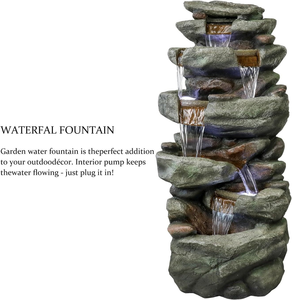 SunJet 40.5' High Rocks Outdoor Water Fountain - 6-Tiers Cascading Waterfall with LED Lights, Soothing Tranquility for Home Garden, Yard Decor