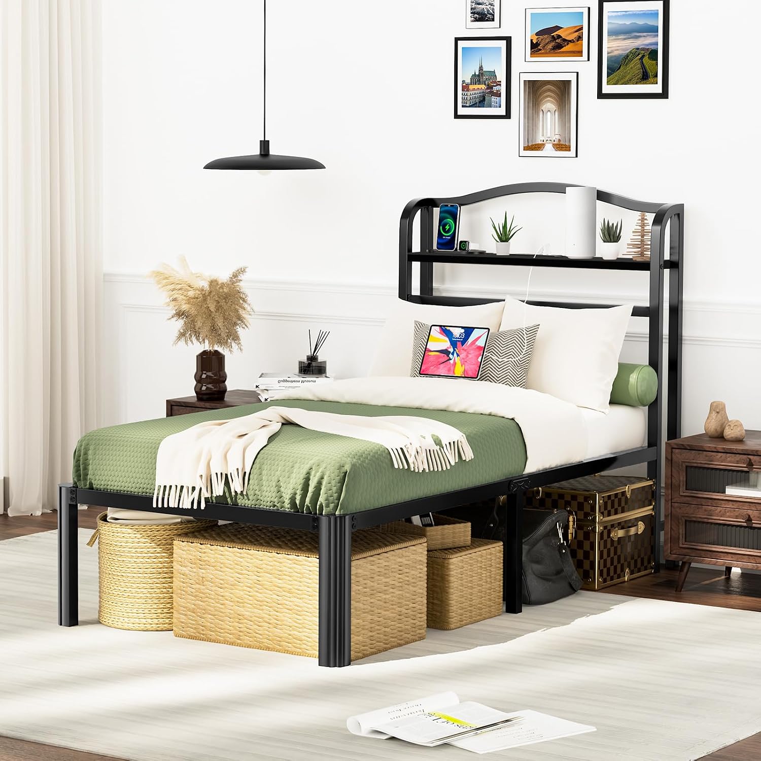 Twin XL Bed Frames with Headboard Metal Mattress Foundation 18 Inch Tall Bed Frame No Box Spring Needed Black Platform Bed Frame with Charging Station (18 Inch-A1, Twin XL)