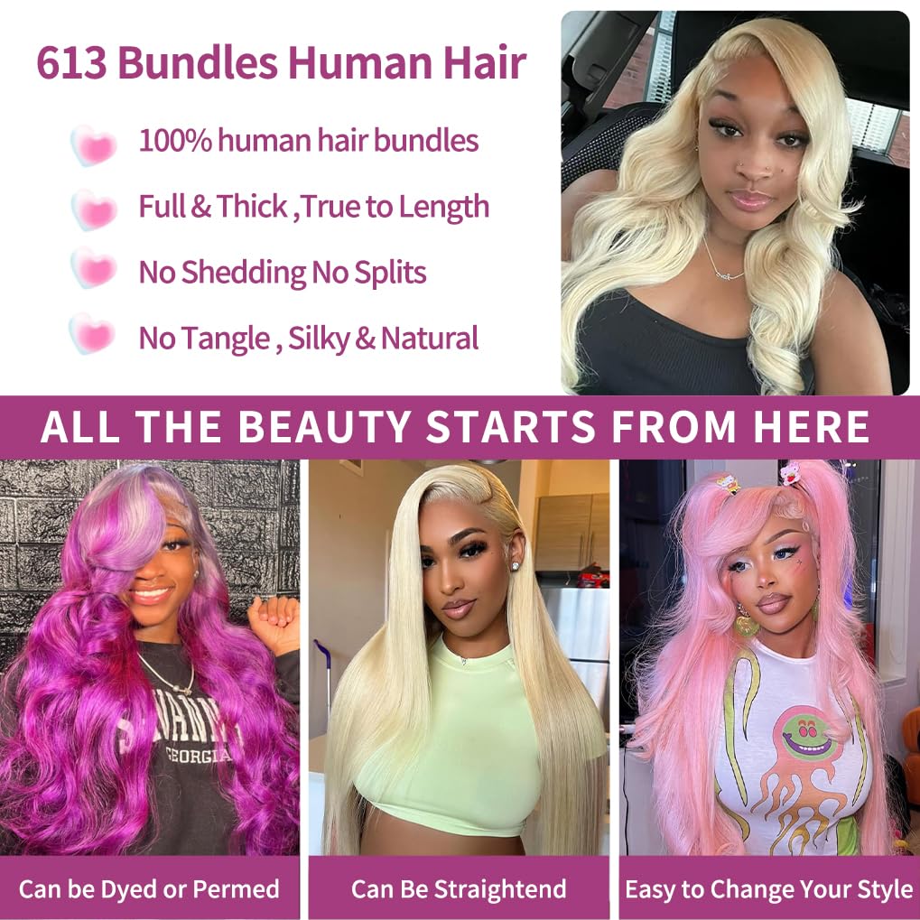 613 Bundles Human Hair 14 16 18 20 Inch Blonde Bundles Human Hair Body Wave 4 Bundles, 100% Raw Indian Hair, Can Be Dyed, Highlighted or Restyled, Minimal Shedding, No Tangle, Easy to Take Care of.
