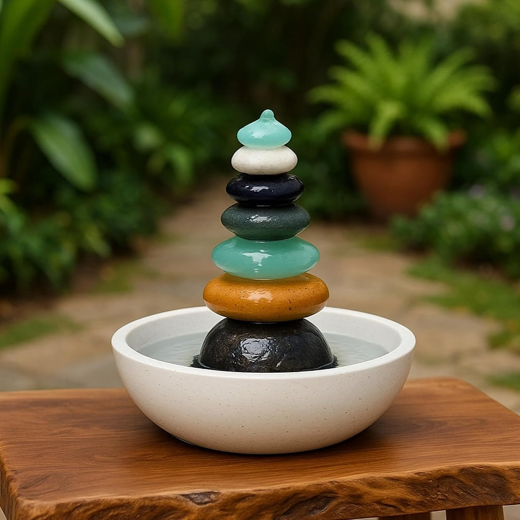 Natural Septuple Rock Cairn Water Fountain with Glass - Indoor Tabletop Water Fountain - Natural Stone & Recycled Glass Water Feature for Home and Office Decor