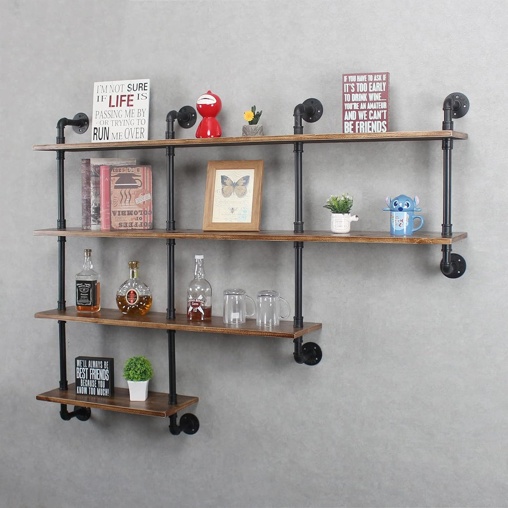 MBQQ 4-Tiers 63inch Industrial Pipe Shelving,Rustic Floating Shelves,Shelves Wall Mount with Wine Rack,Decorative Accent Wall Book Shelf for Kitchen or Office Organizer,Brown