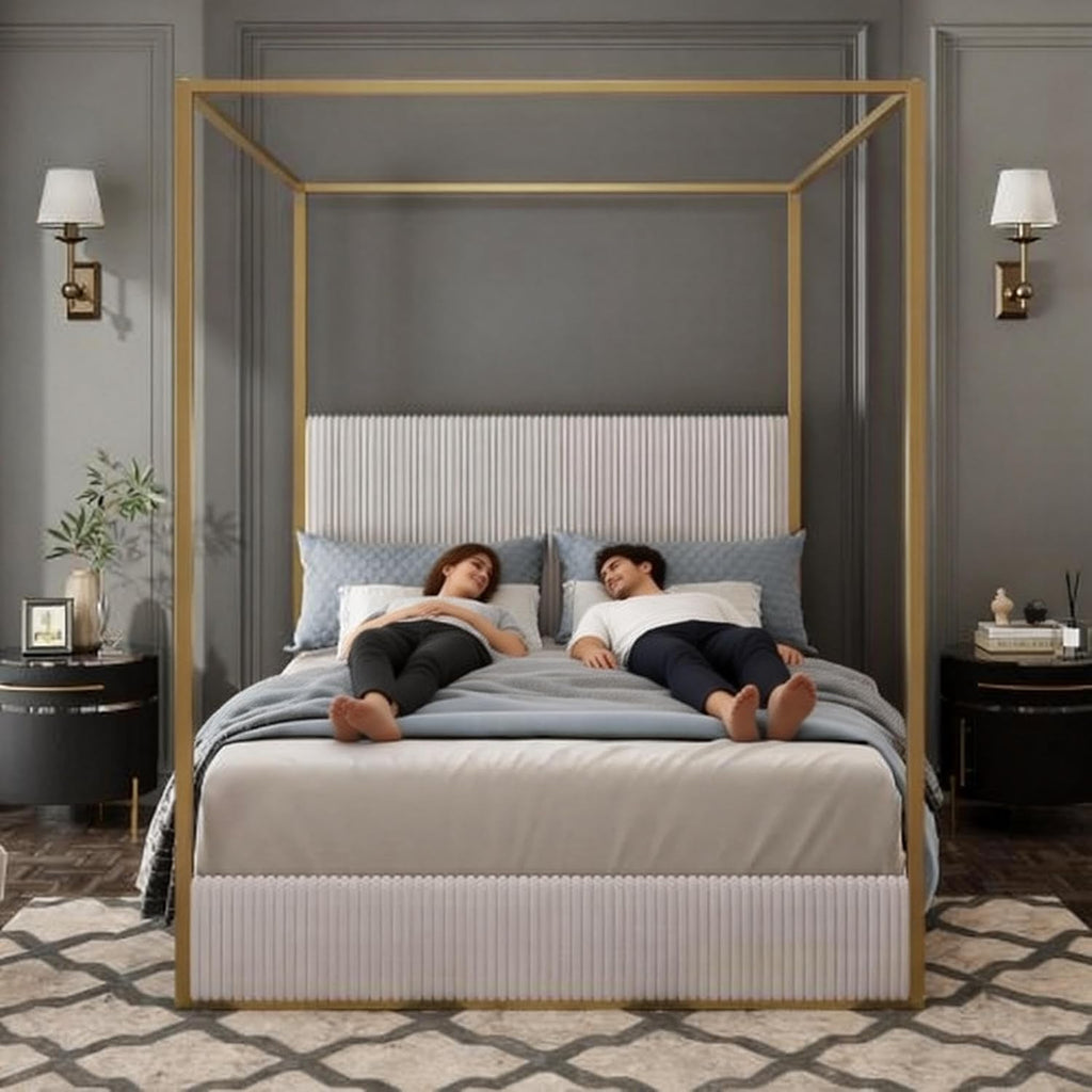 King Size Metal Canopy Bed with Tall Upholstered Channel Headboard and Gold 4 Poster, No Box Spring Needed (Beige+Gold, King)