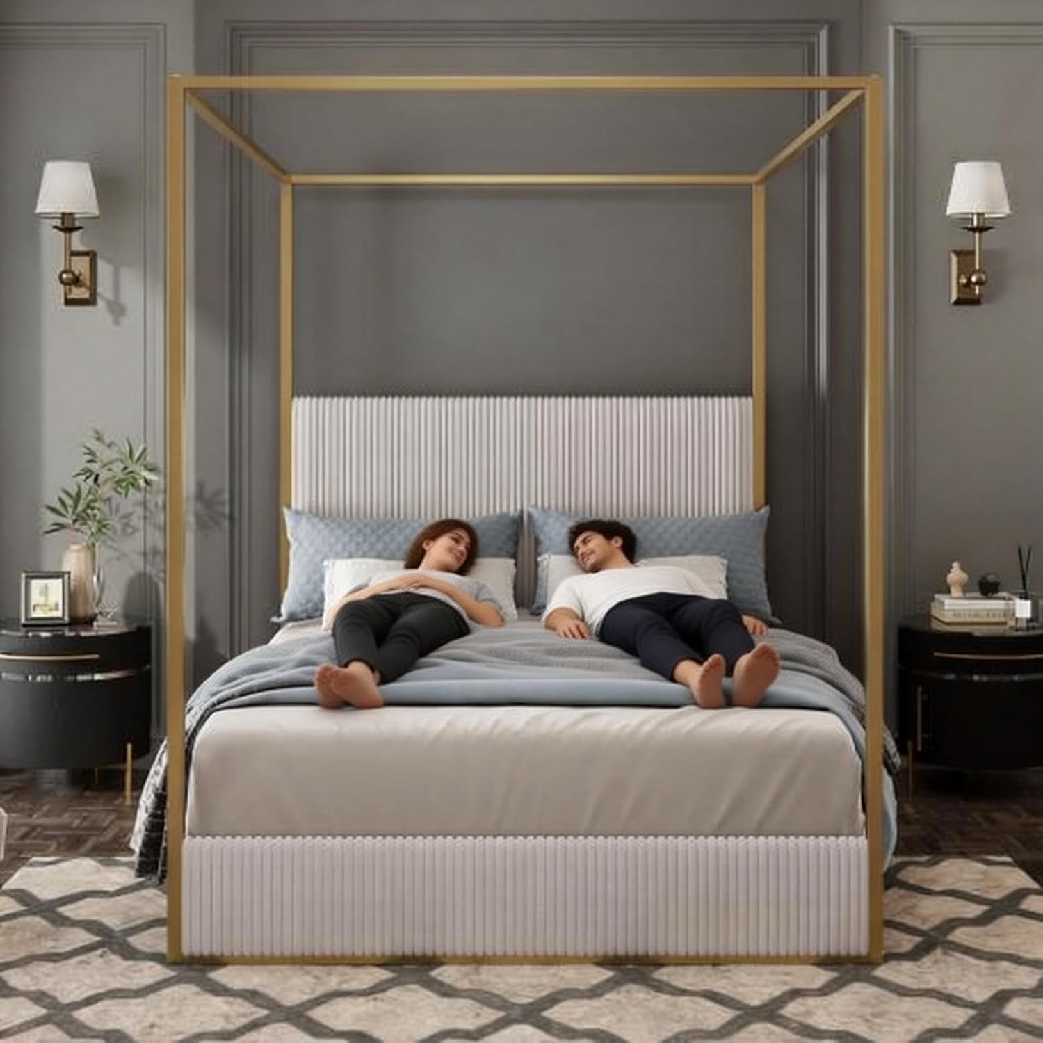 King Size Metal Canopy Bed with Tall Upholstered Channel Headboard and Gold 4 Poster, No Box Spring Needed (Beige+Gold, King)