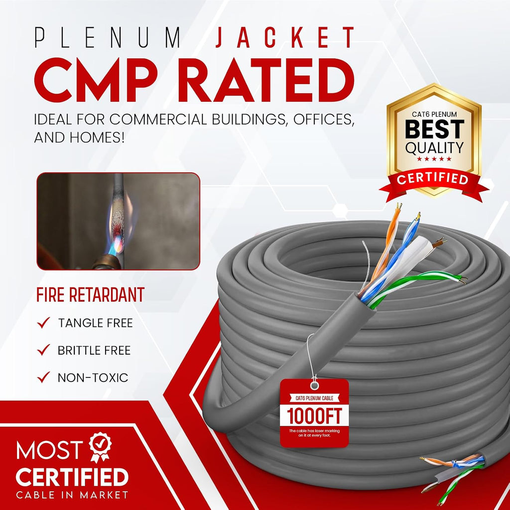 NewYork Cables CAT6 Plenum Cable 1000ft | 100% Solid Bare Copper, UTP, 550MHz, 23AWG, 4Pair 10GB Ethernet Cable, Certified CMP-Rated Bulk Cat 6 Cable for Networking & Gaming (1000ft, Pure Copper,Grey)