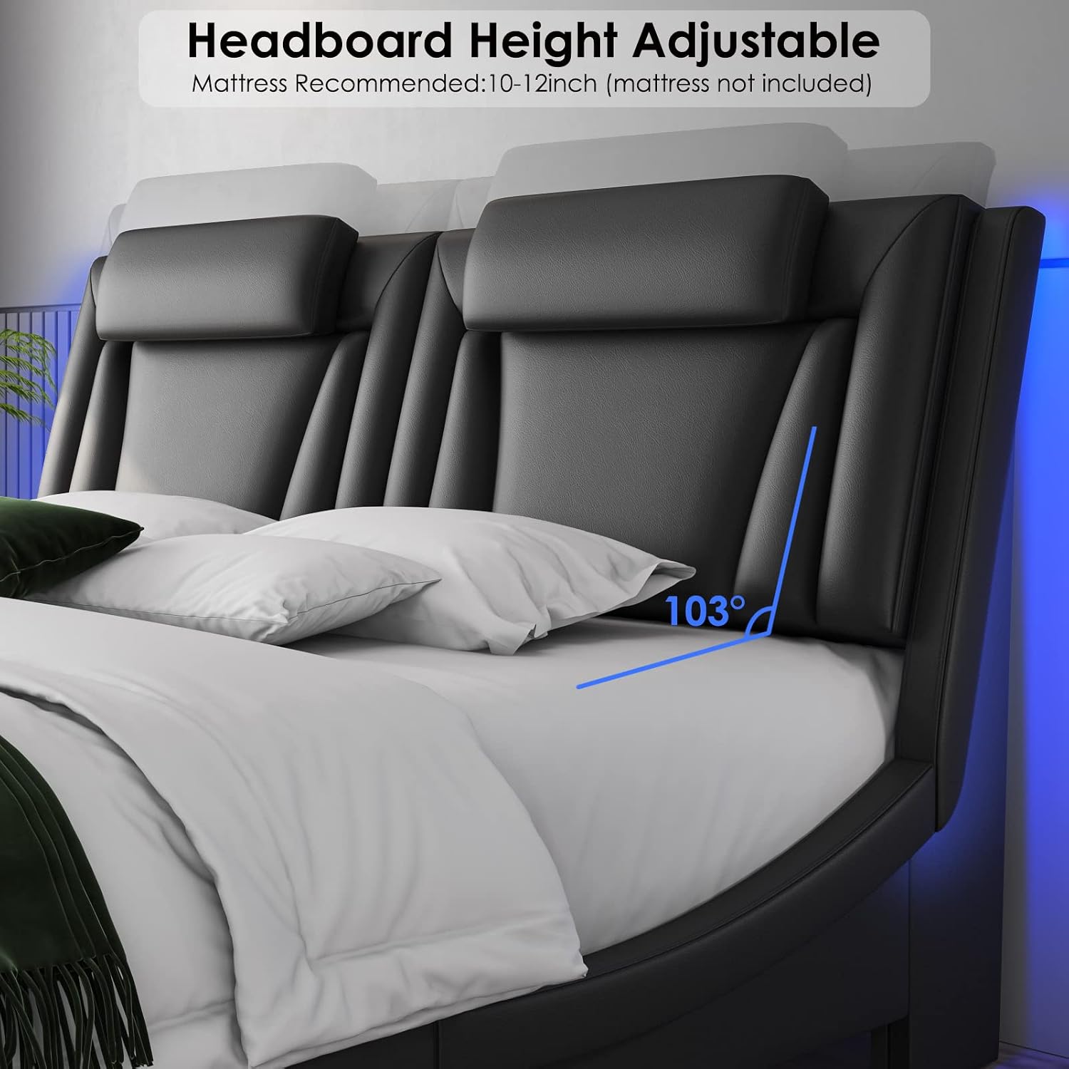 Keyluv Queen Size LED Bed Frame with Adjustable Headboard & Removable Pillow, PU Leather Upholstered Platform Bed, Wave-Like Curve Safety Design, Solid Wooden Slats Support, Easy Assembly, Black