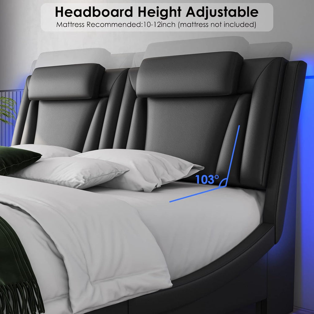 Keyluv King Size LED Bed Frame with Adjustable Headboard & Removable Pillow, PU Leather Upholstered Platform Bed, Wave-Like Curve Safety Design, Solid Wooden Slats Support, Easy Assembly, Black