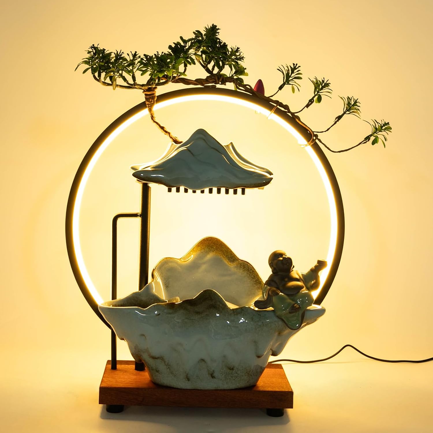 Indoor Tabletop Water Fountain - Round LED Light, Table Fish Tank, Mist Maker, Backflow Incense Burner, Indoor Zen Relaxation for Home Office Bedroom Living Room Decor