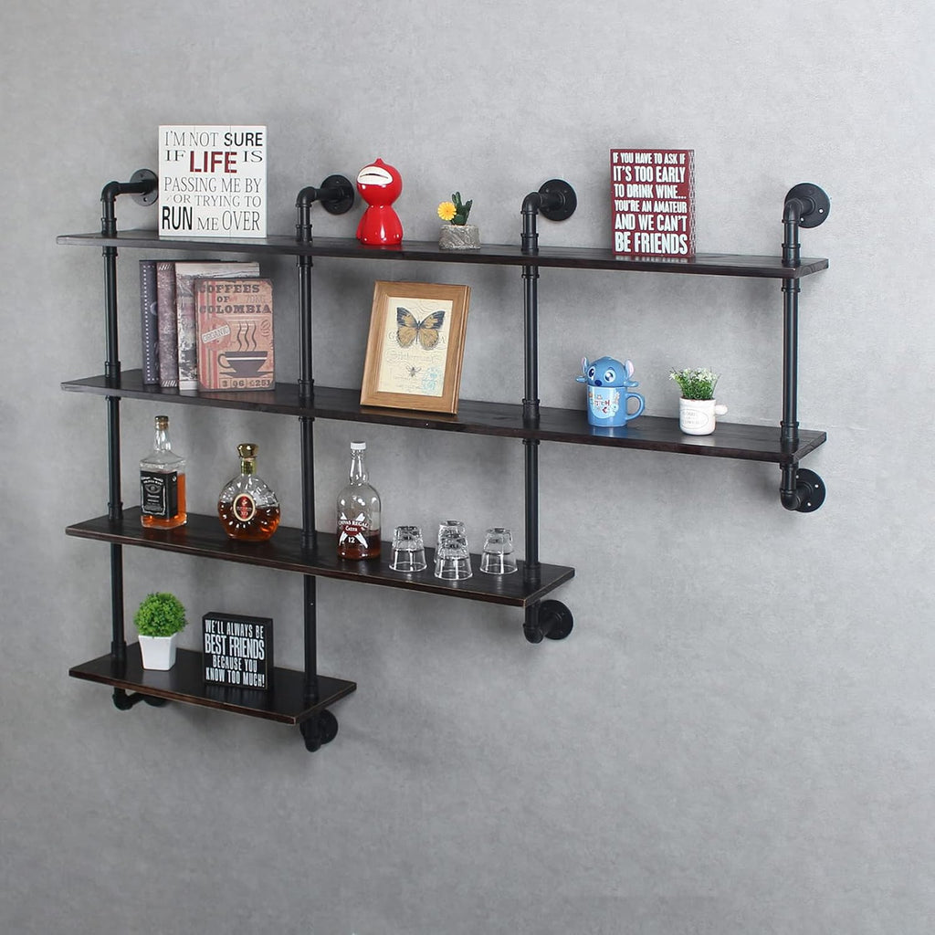 MBQQ 4-Tiers 63inch Industrial Pipe Shelving,Rustic Wooden&Metal Floating Shelves,Home Decor Shelves Wall Mount with Wine Rack,Decorative Accent Wall Book Shelf for Kitchen,Retro Black