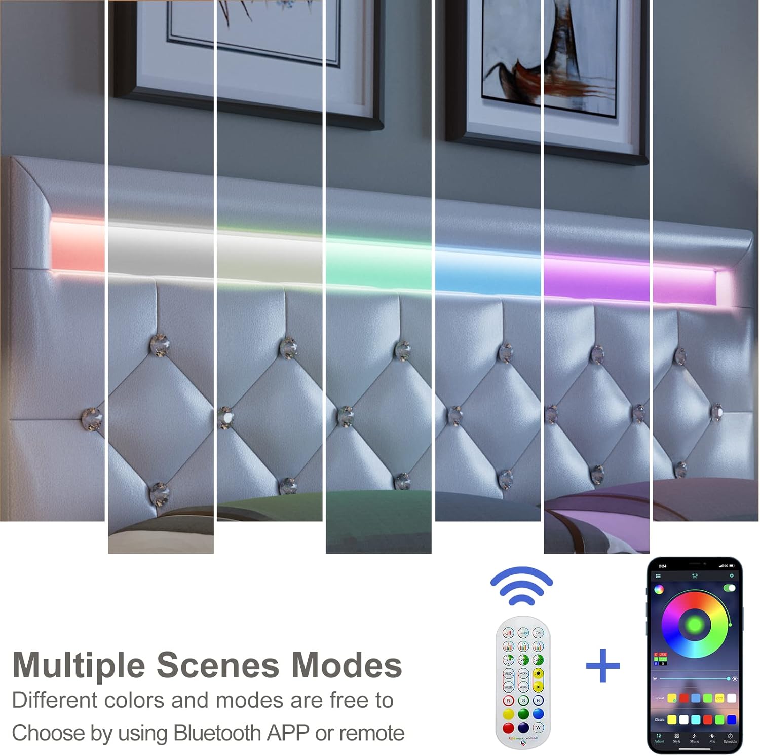 Keyluv Modern Upholstered Full Size Bed Frame with LED Lights, Faux Leather Low Profile Platform Bed Frame, Adjustable Crystal Button Tufted Headboard, Strong Wood Slat Support, Easy Assembly, White
