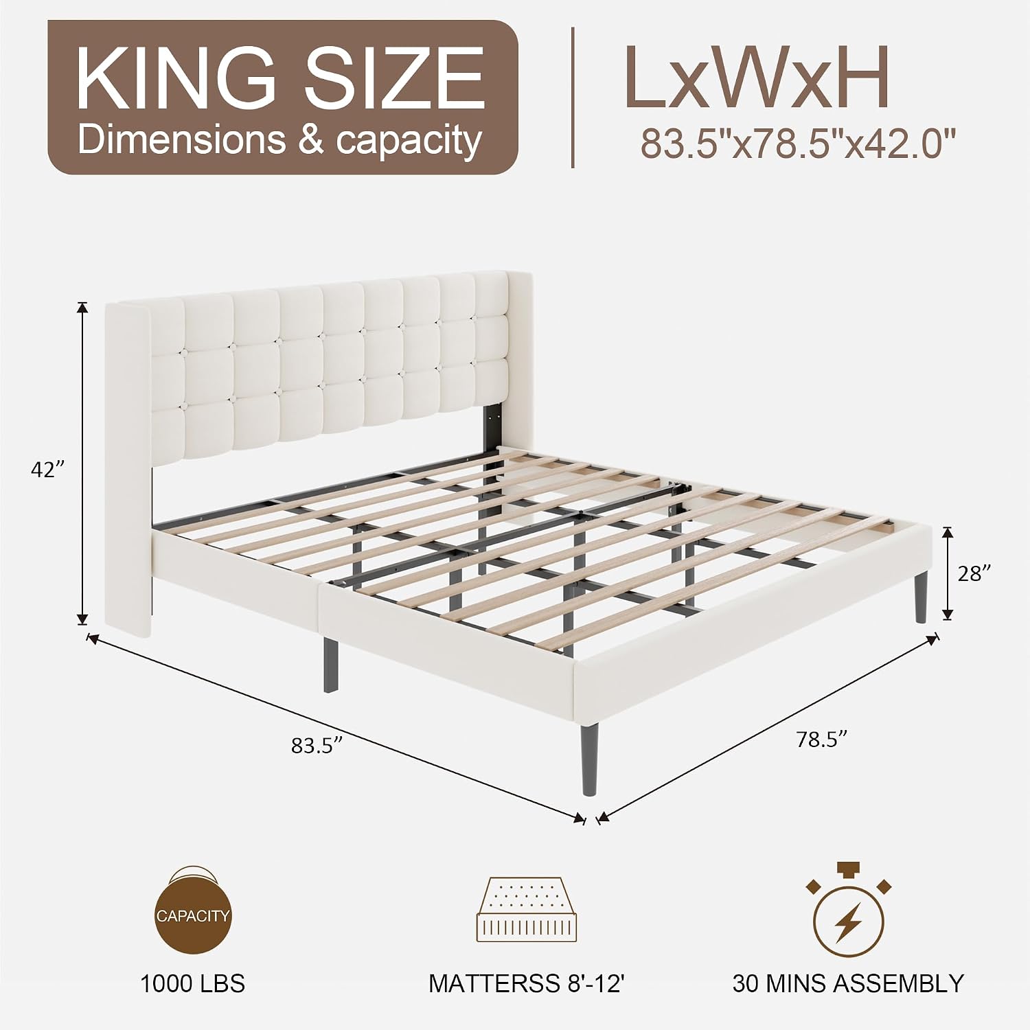 King Size Bed Frame with Wingback Headboard, Velvet Upholstered Platform Bed Frame with Button Tufted Headboard, Wooden Slats Support, No Box Spring Needed, Noise Free, Easy Assembly, Beige