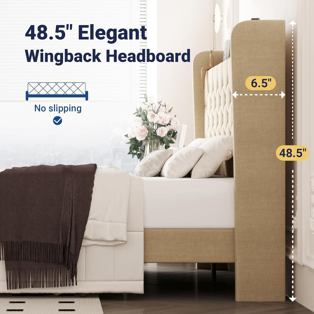 Allewie Queen Size Bed Frame, Storage Headboard with Charging Station, Wingback Linen Upholstered, Diamond Stitched Button Tufted, Sturdy Wooden Slats, No Box Spring Needed, Easy Assembly, Beige