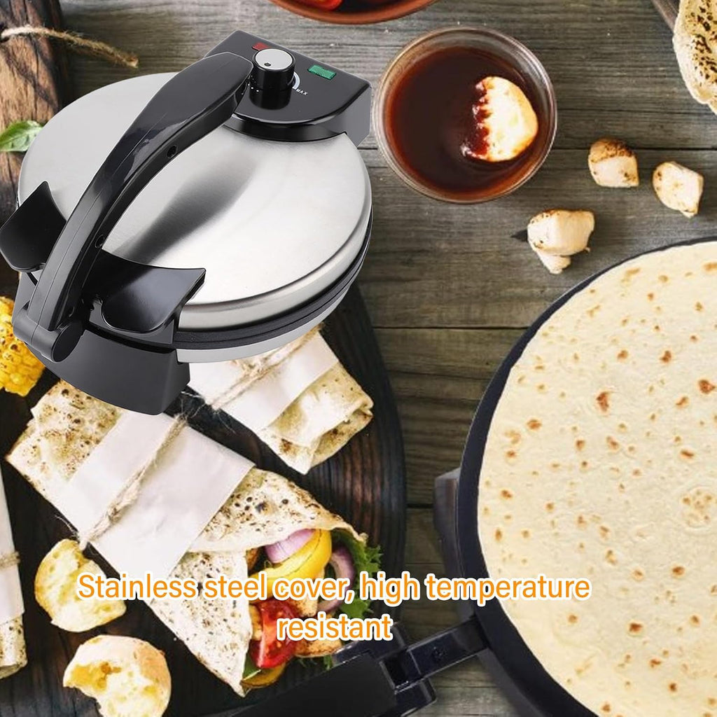 Tortilla Press 10 inch, Electric Tortilla Maker Knob Temperature Control Anti Stick Roti Maker Machine with Stainless Steel Cover