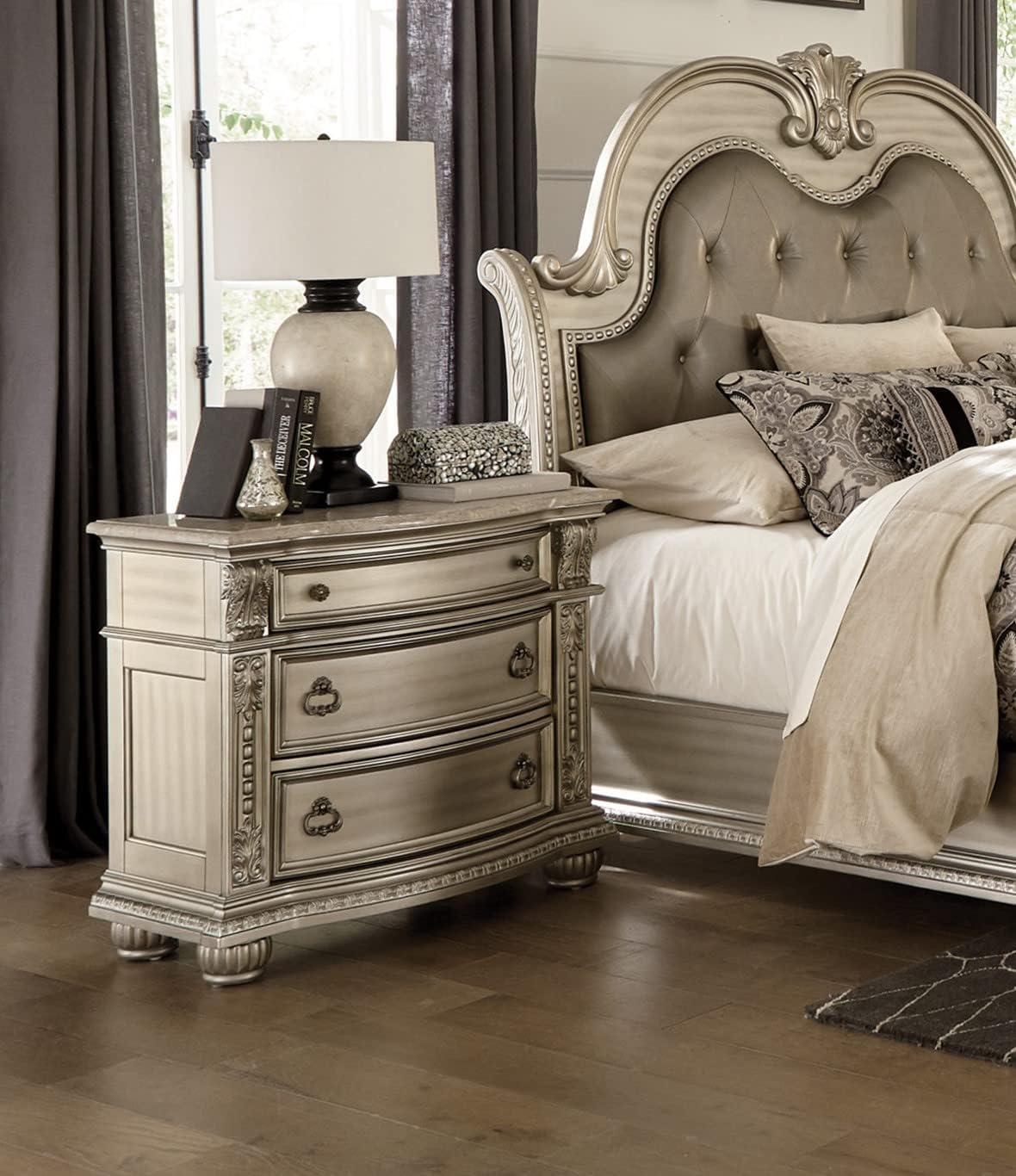 Traditional Classic 5 Pieces Cal-King Size Set Silver Finish Faux Leather Upholstered Bed Classic Design Marble Top Formal Bedroom Furniture