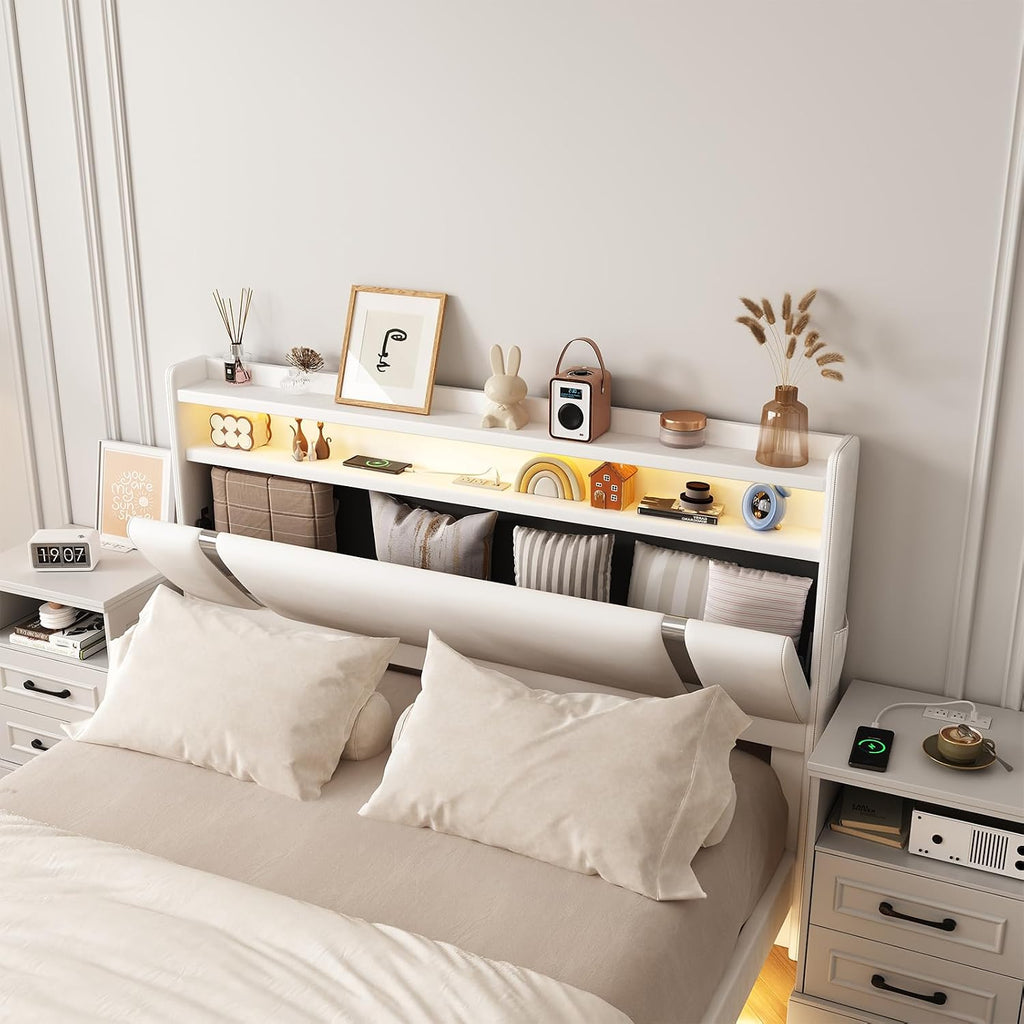 Floating Bed Frame, Full Size Platform Bed Frame with LED and Charging Station, Modern White Metal Platform Full Bed with Storage Headboard, Upholstered Platform Bed Frame, No Box Spring Needed